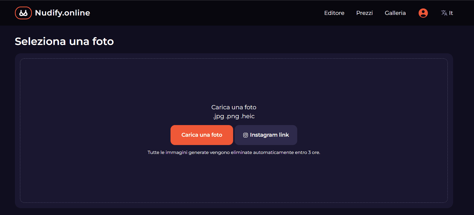 Schermata dell’interfaccia di Nudify.online in italiano