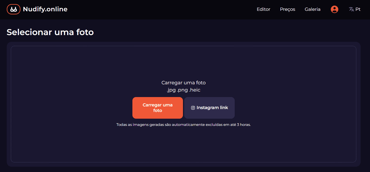Captura da interface do Nudify.online em português